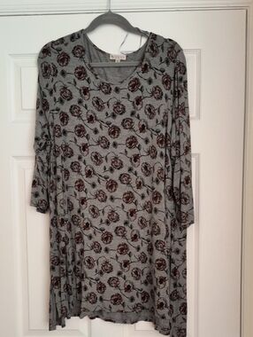 Grey Floral Long Sleeve Swing Dress